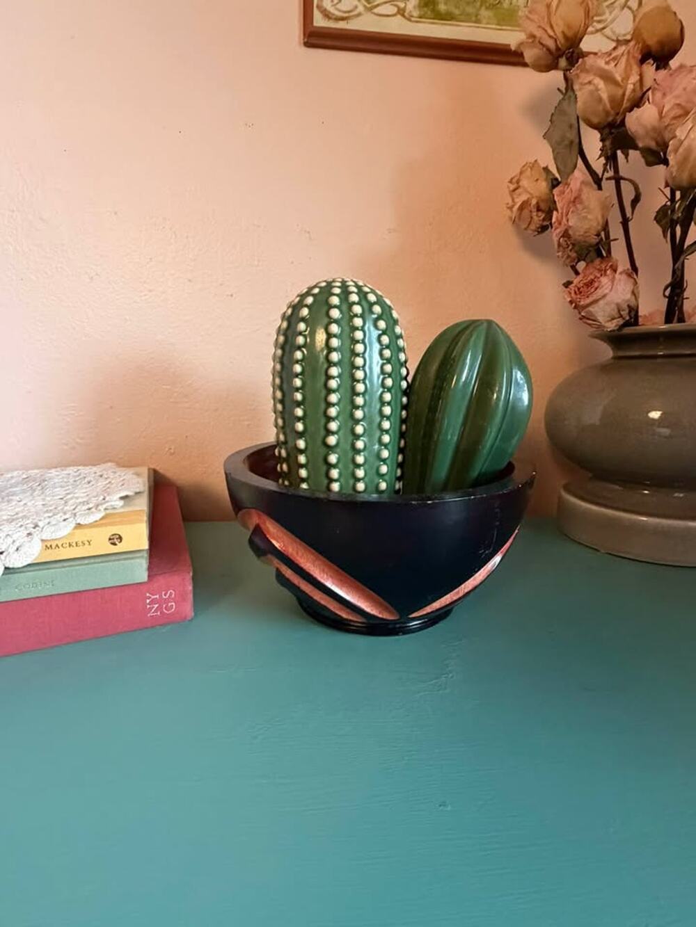 Set of 2 Green Ceramic Cactus Sculptures | Southwestern Boho Décor